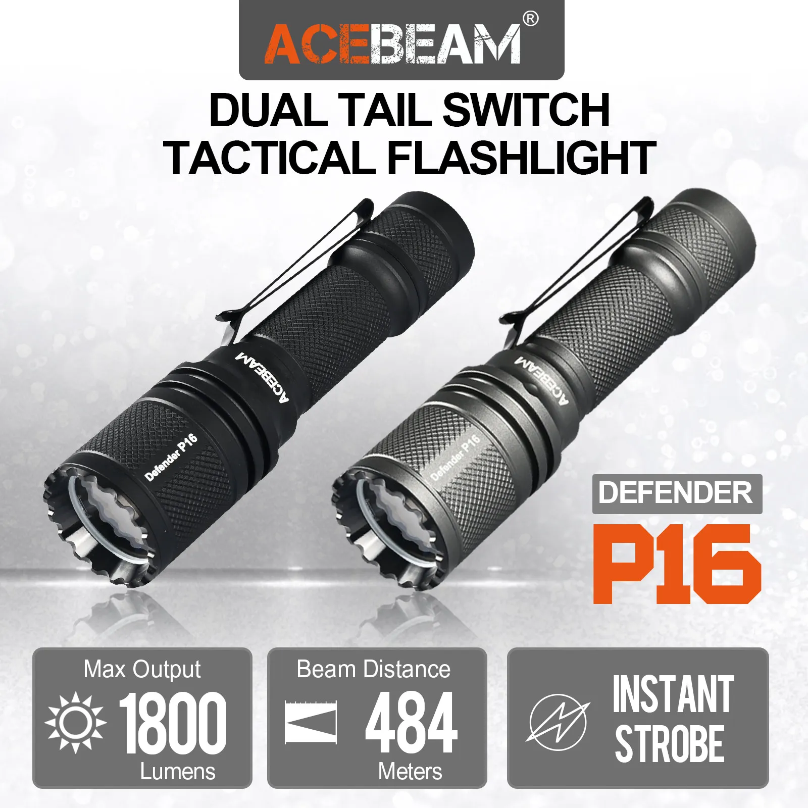 ACEBEAM Defender P16 Tactical Flashlight with Dual Tail Switch, 1800 High Lumens Flashlight Rechargeable