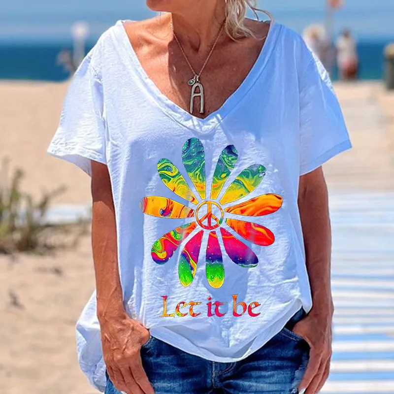 

LET IT BE Women's Peace Sign Graffiti Casual Regular T-Shirt