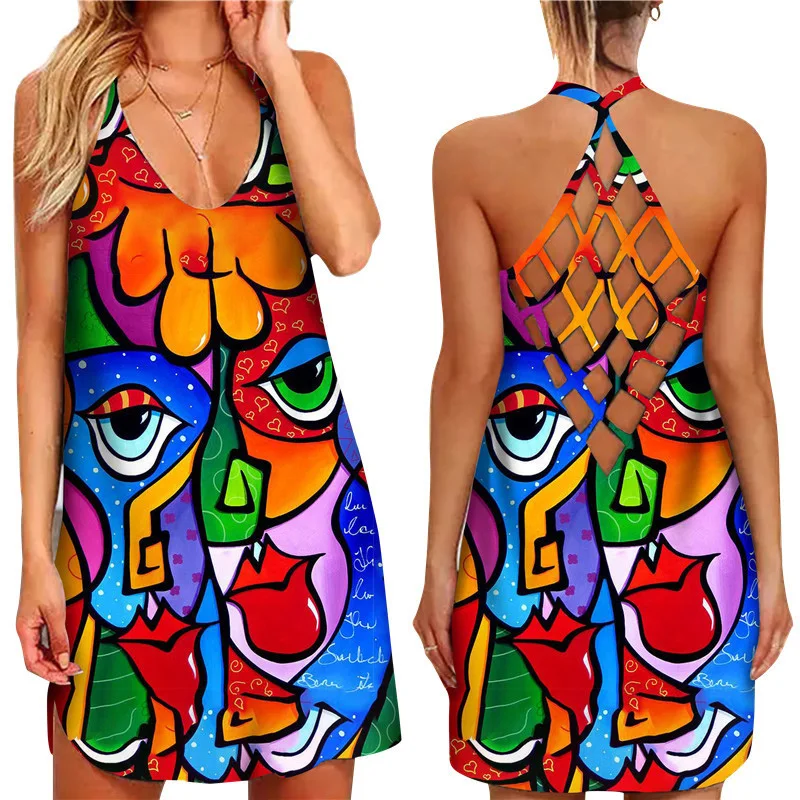 

Abstract Face Print Hollow Out Dress Summer Criss-Cross Open Back Sleeveless Mini Halter Dress Elegant Women's Clothing Vestidos