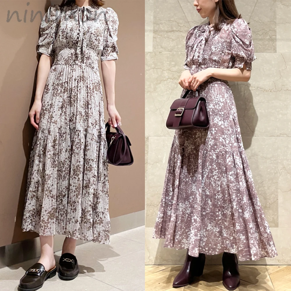 

NINIMON Bowtie Print Dress New Women Vintage Slim Pleats Midi Dress Stand Collar Lace Up Floral Printing Dress A Line Dresses