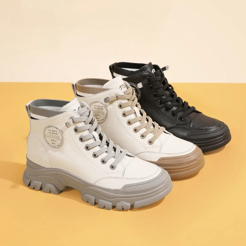 Goldencamel Women Genuine Leather Martin Boots Autumn Winter Lace Up Plush Outdoor Fashion Casual Hiking Shoes Platform