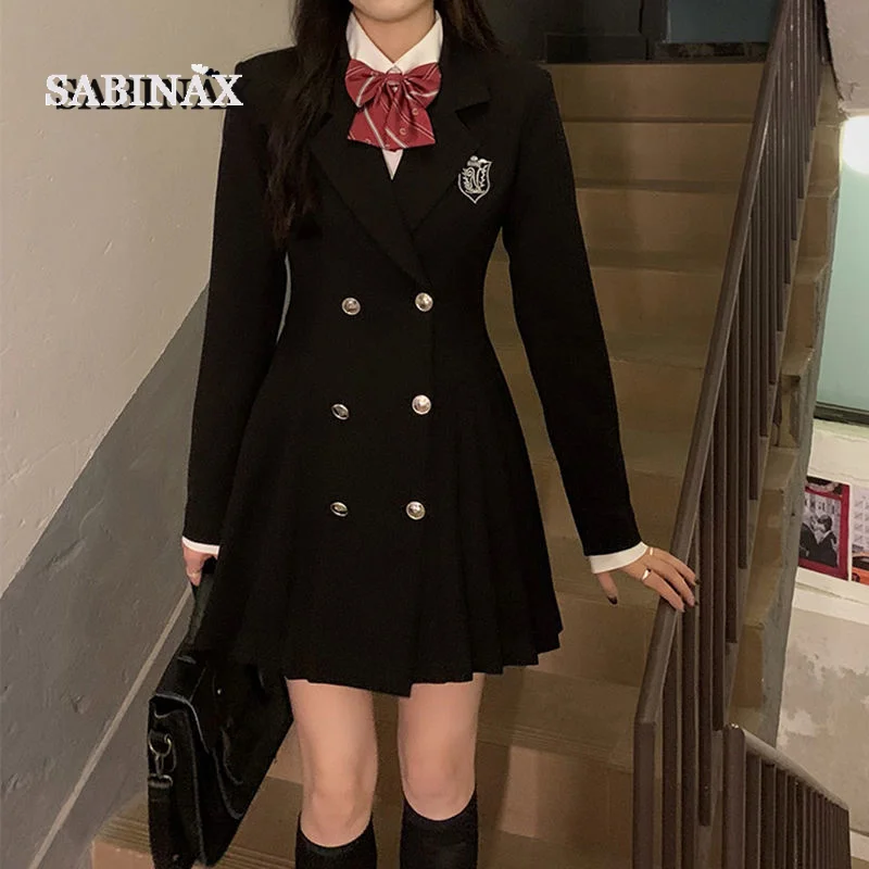 SABINAX Woman College Uniform Korean Drama Dress Autumn Spring Skirts Suits Long Sleeve Pleated Short Skirt Women Clothing