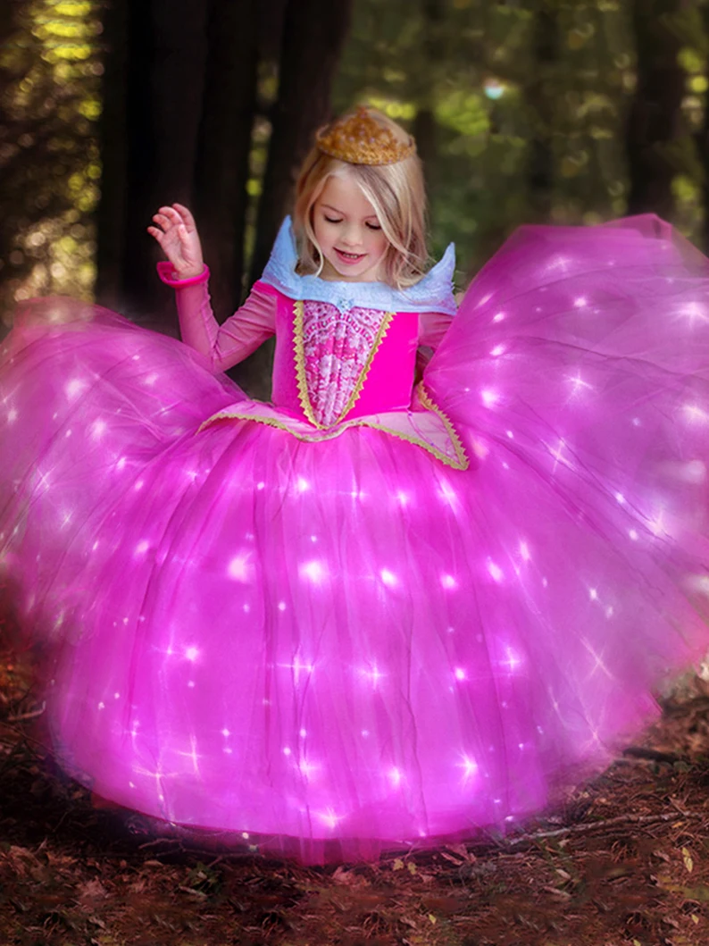 Uporpor LED Sleeping Beauty Aurora Princess Girl Dress Children Charm Cosplay Carnival Dresses Up Clothes Birthday Party Outfits