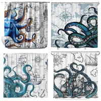 Octopus Teal Sailboat Kraken Sea Life Creature Monster Anchor Turquoise Cool Compass Ship Anime Pirate Ocean Map Shower Curtains