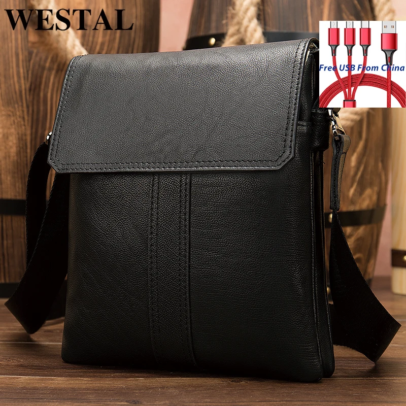 WESTAL 100% Shoulder Bag Leather Men's Bag Genuine Leather Black Men's Designer Bags Leather Crossbody Messenger Bags Handbags