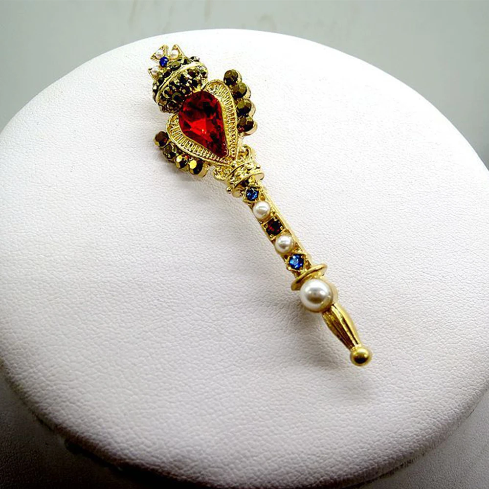 

Vintage Jewelry Stunning Lapel Pin Gold Plated Ruby Red Crystal Rhinestone Pearl Sceptering Queen Princess Crown Brooch Women