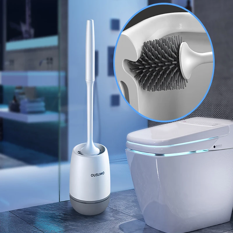 

Silicone Durable Toilet Brush Long Handle Wall Hung/Floor Stand Toilet Brush Holder Soft Bristle Cleaning Bathroom Tools