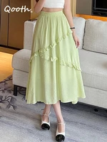 qooth 2022 spring summer high waist solid color pleated skirts womens mid length casual skirt qt1819