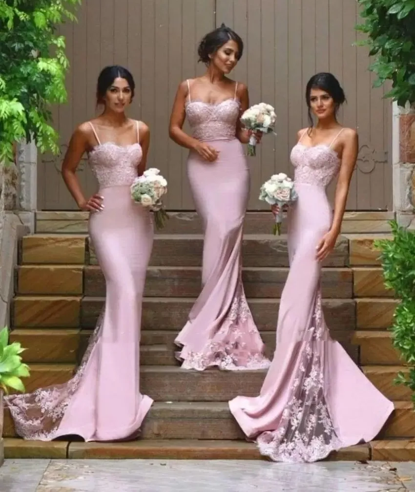 

Elegant wd888 Pink Bridesmaid Dresses Sexy Spaghetti Straps Appliqued Long Maid Maid of Honor Gowns Wedding Guest Dresss