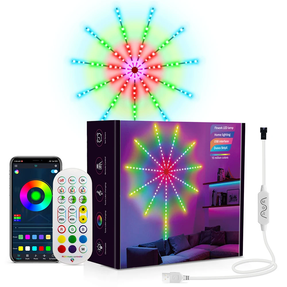 Светодиодная ленсветильник 5050 RGB фейерверк, светодиодов, USB зарядка, музыкальная ритмичная лента, 24 клавиши, дистанционное управление через приложение, украшение для дома Вечерние