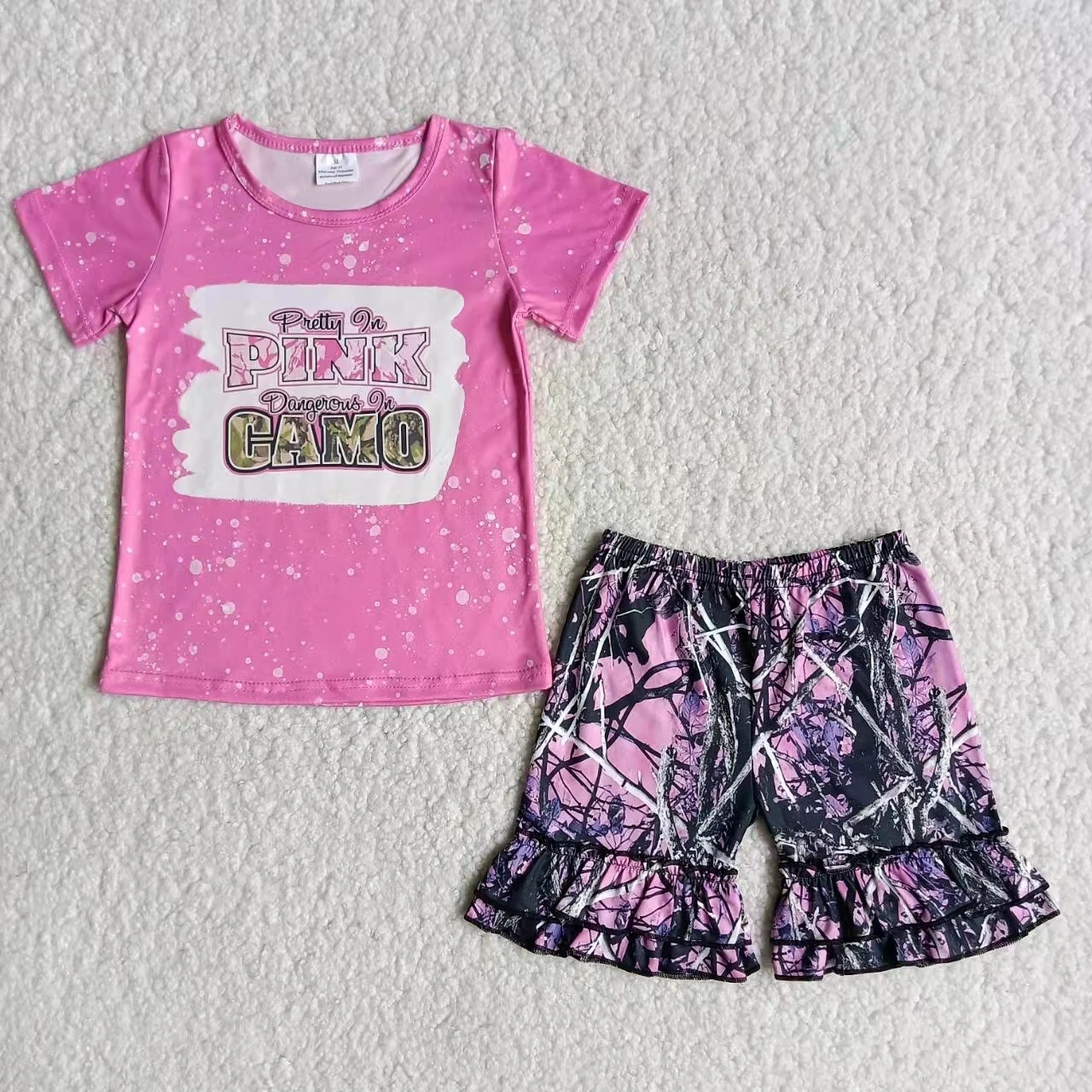 

summer kids clothes set hot pink short sleeve print top and shorts outfit children clothing summer baby girl clothes set