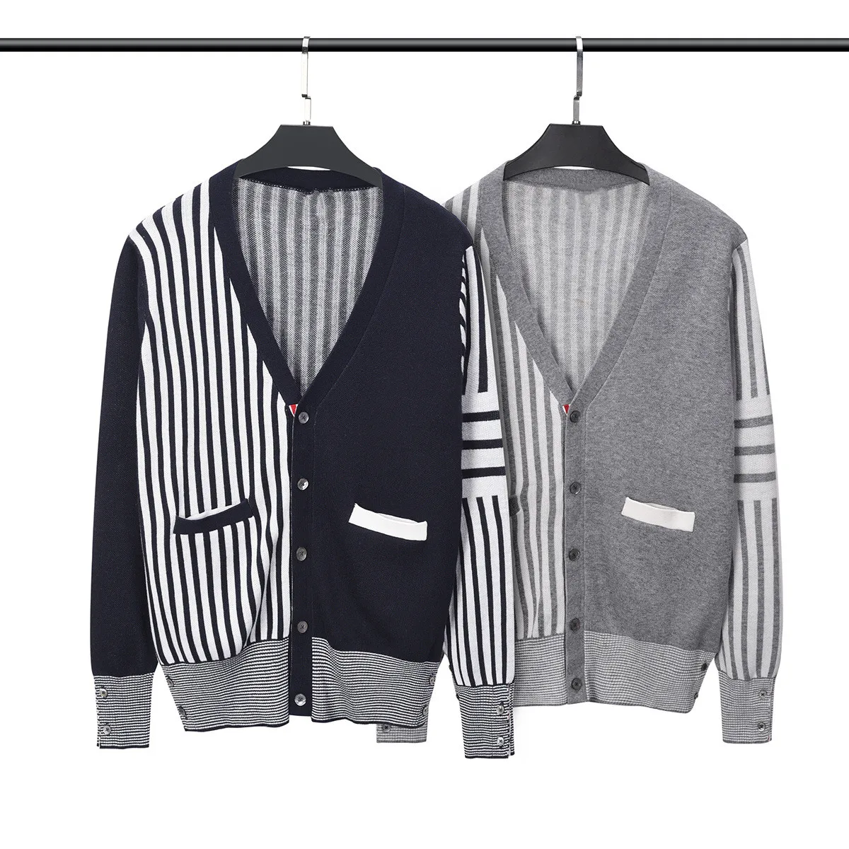 TB THOM Men's Winter Sweater Patchwork Vertical Stripes V-neck Cardigan Harajuku Sweaters Korean Fashion Brand Casual Coats