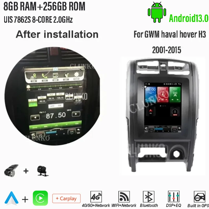 

Clunko For GWM Great wall haval hover H3 2001- 2015 Android Car Radio Stereo Tesla Screen Multimedia Player Carplay Auto 8G+256G