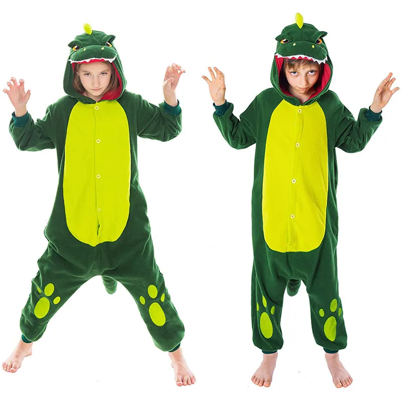 Family Kigurumi Pajamas Green Dinosaur Animal Onesie Cosplay Costume Pajamas For Kids and Adults With Slippers