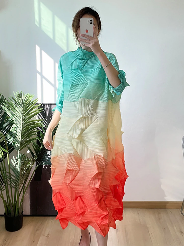 

Miyake Pleated Long Dress Women Turtleneck Color Block Causal Loose Dresses Female Elegant Clothing 2022 Autumn Winter New