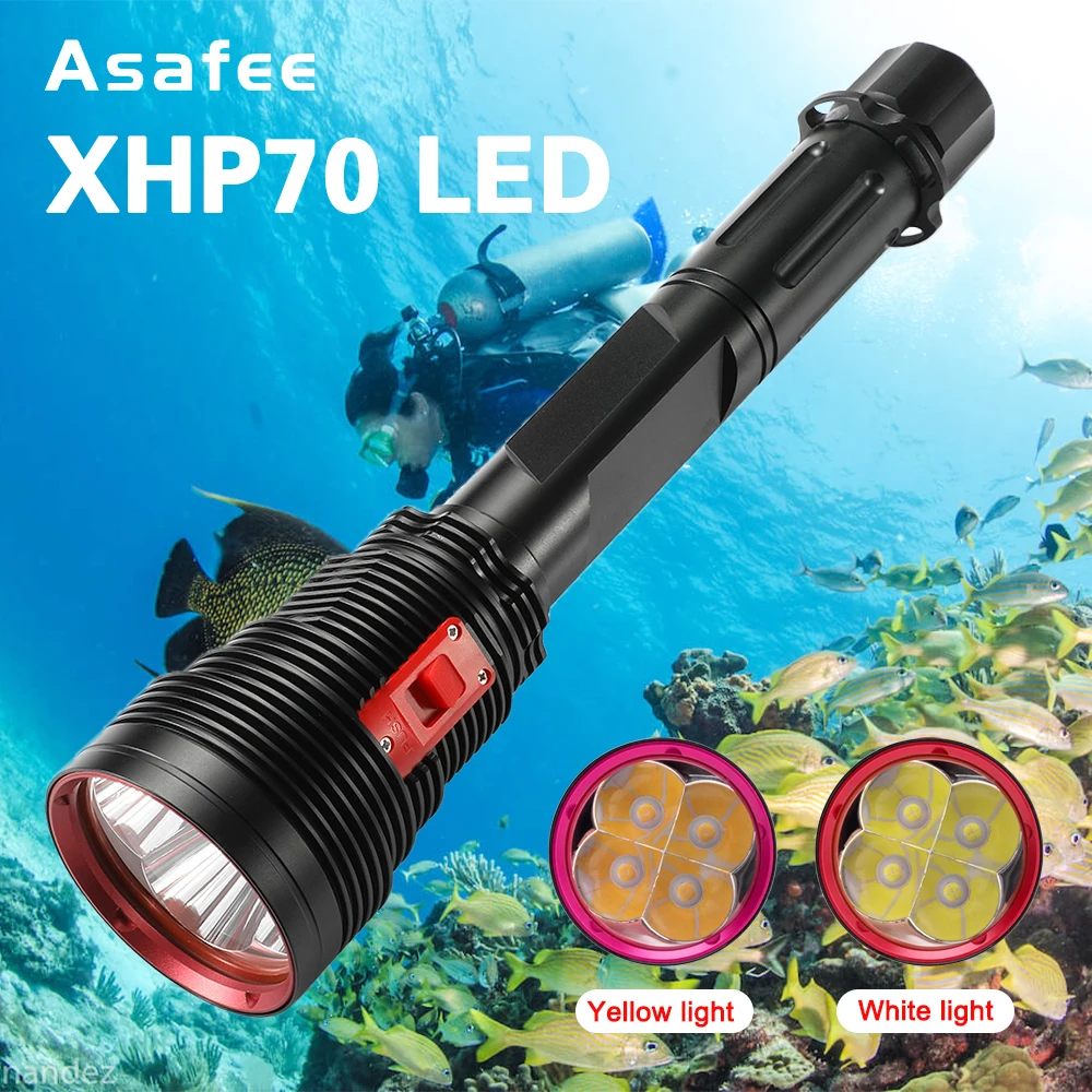 Diving Flashlight Super Bright 4x XHP70.2 IPX8 Scuba Lights 200M Underwater LED Torch Submersible Lamp for Under Water Sports