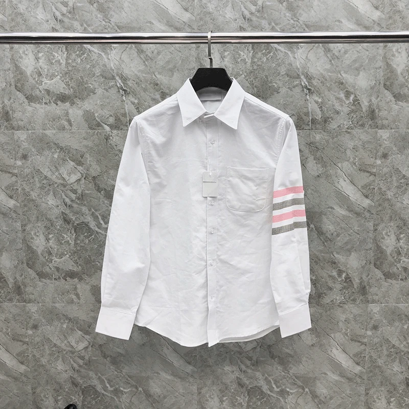 

TB TNOM Men's Boutique Shirt Korean Fashion Brand Men's Shirt Pink Gray 4-bar Striped Casual Cotton Oxford Custom TB Shirt