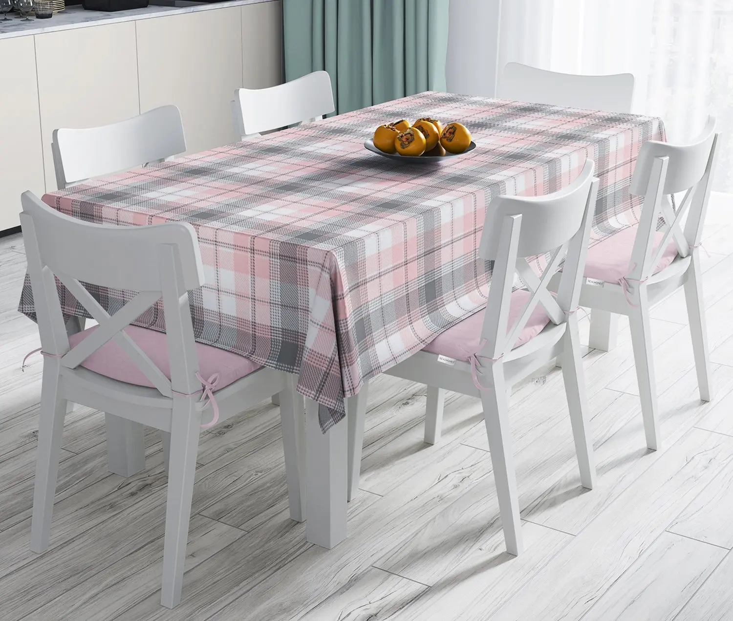 

Pink Gray Checkered Decorative Stain Resistant Table Cloth,3D Digital Printing, Laser Cut With Oriental Pattern