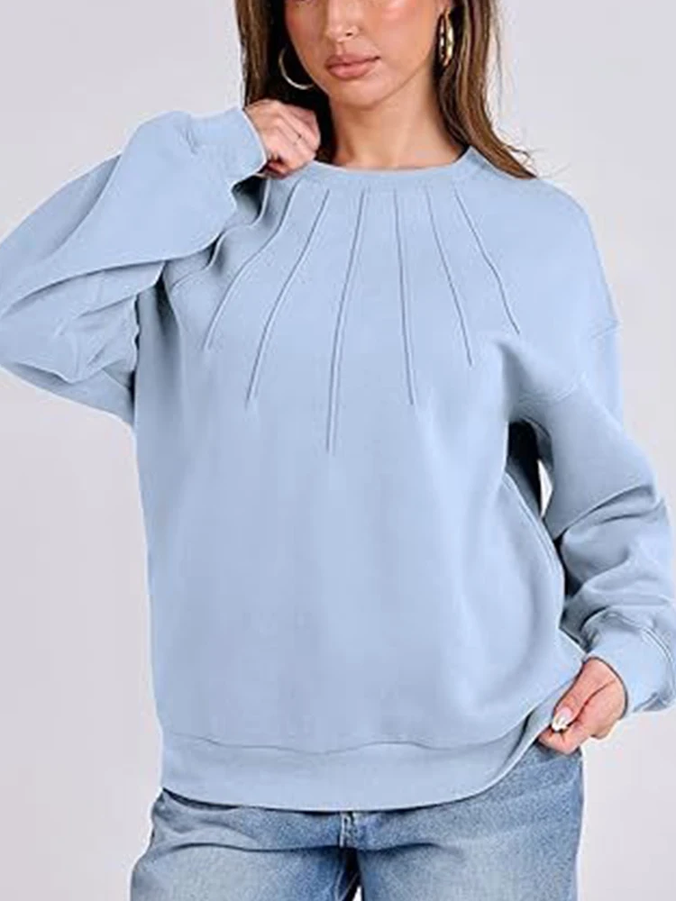 Блузка женская плиссированная однотонная с длинным рукавом и круглым вырезом