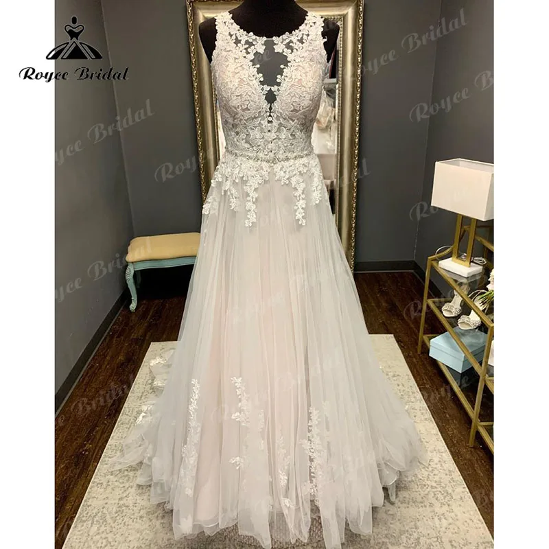 

Vintage O Neck Lace Appliques Open Back Sleeveless A Line Blush Pink Wedding Dress 2023 robe soirée mariage Custom Made Elegant