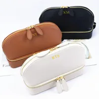 Custom Logo Leather Travel Shell Style Bag Jewellery Box & Makeup Bags With Initials - Travel Jewellery Case and Cosmetic Bags
