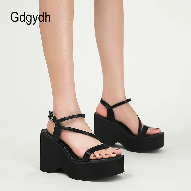 

Gdgydh Summer Womens Strappy Sandals Wedge Platform Heels Ankle Buckle Strap Black Vegan Leather Comfortable Gladiator Shoes