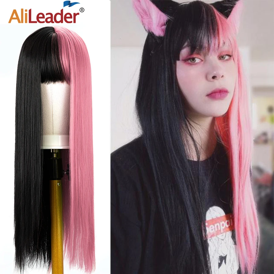 

Pink And Black Wig Long Straight Cosplay Wig Two Tone Wig With Bangs Synthetic Long Straight Half Wigs For Black Women 26Inch