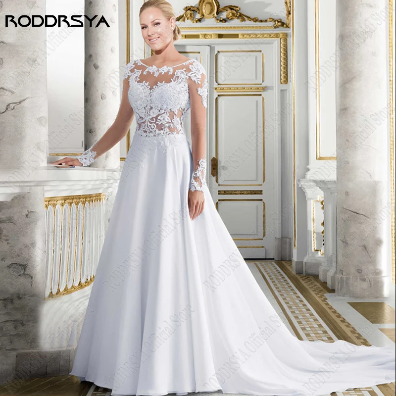 

RODDRSYA Appliques Wedding Dresses For Women Tulle See Through Back vestido noiva boho Scoop Neck Lace Chiffon Long Sleeves