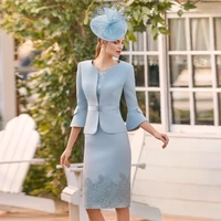 exquisite mother of the bride dresses for wedding blue lace scoop neck with jacket party prom gowns short knee length plus zise
