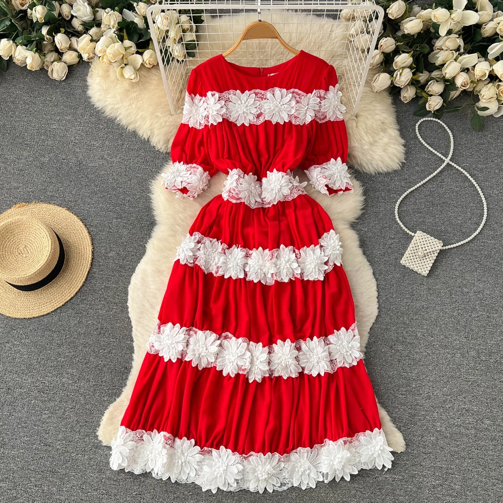 

Clothland Women Stylish 3D Flower Maxi Dress O Neck Lace Floral Patchwork Three Quarter Sleeve Red Black Chic Dresses QB417