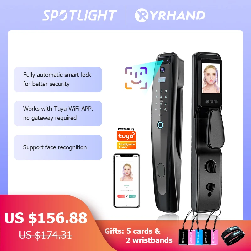 Купить Умный дверной замок с распознаванием лица 3DFace, сканер отпечатков пальцев, цифровой Wi-Fi замок, подключенная камера, монитор, камера безопасно...