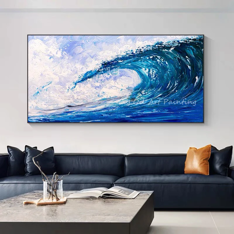 

100% Hand Painted large size ocean wave navy and blue landscape thick knife