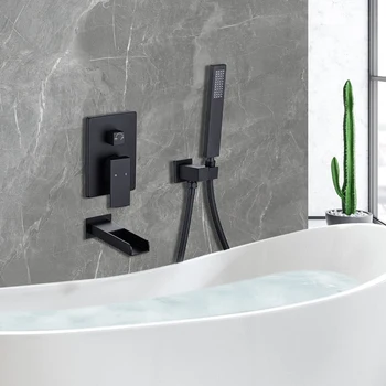 Waterfall Spout Wall Mounted Tub Faucet for Bathroom Modern Single Handle Wall Bathtub Filler with Hand Shower, Black