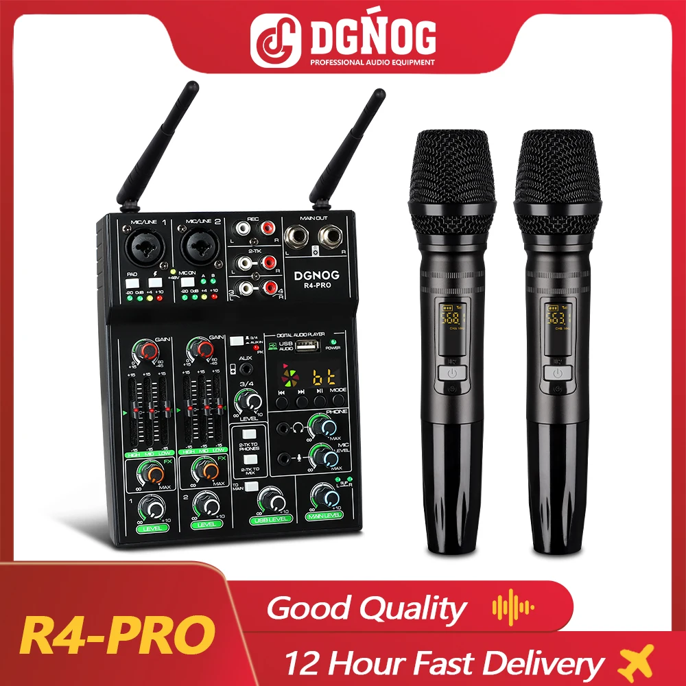 R4-PRO 4 Channel USB Mixer With UHF Wireless Microphone For DJ Console, PC Recording, Home Karaoke Party Church Studio DGNOG