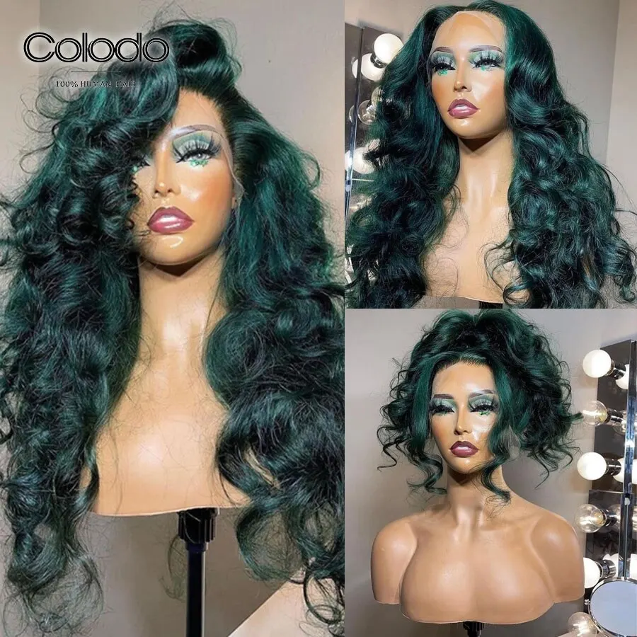 

Темно-зеленый свободный волнистый передний парик на сетке 13x 4, искусственный бразильский парик без повреждений 13x1 T, парик на сетке 4x4, женские парики 200%