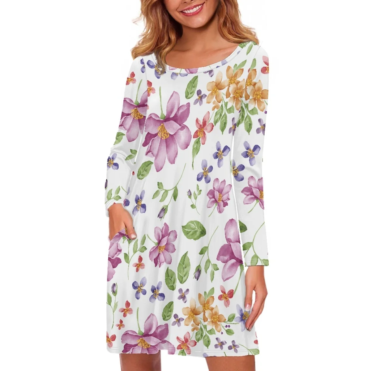

FORUDESIGNS Rosa Chinensis Pattern Ladies Long Sleeve Dresses Flowers O Neck Female Dress Wearable Pocket Miniskirt Outing