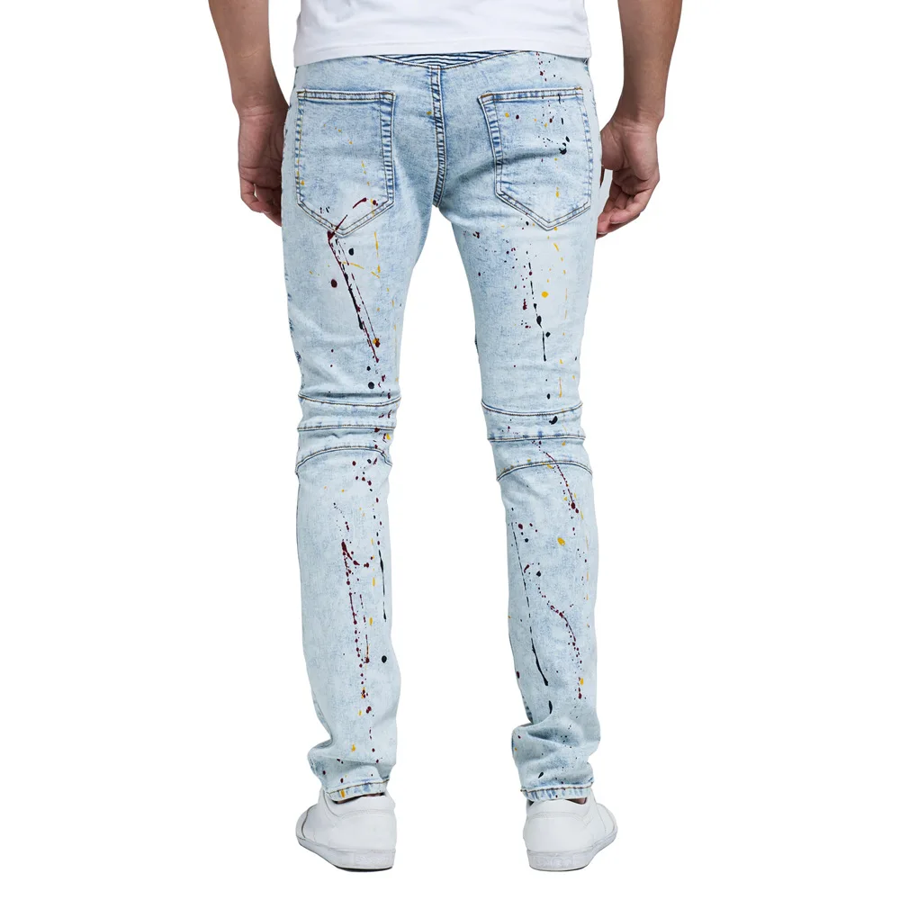 Men's Hip Hop Wash Distress Splash Ink Retro Jeans Stretch Slim Fit Casual Leggings Trendy Slim Pencil Pants Jeans For Men