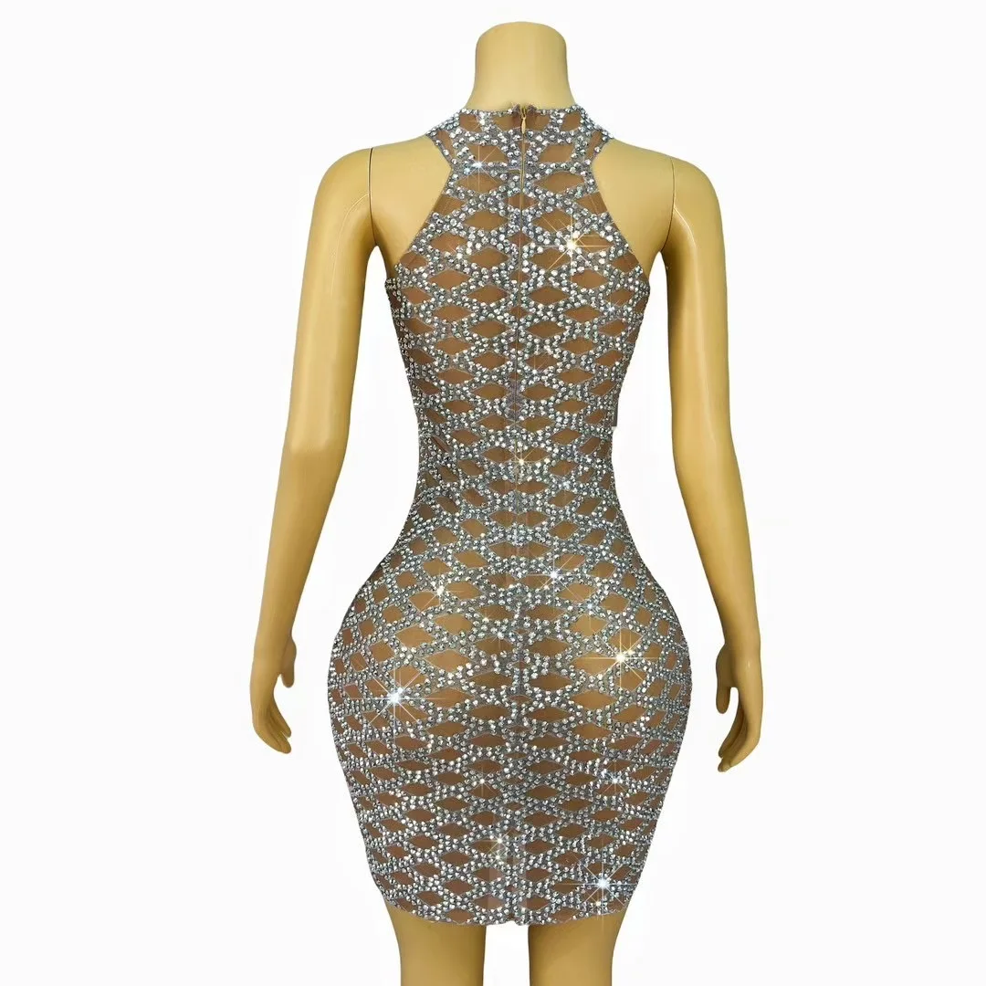 2024 Sexy Sleeveless Mini Dress For Women Diamond Fashion Perspective Nightclub Outfit Stage Costume Evening Party Dresses