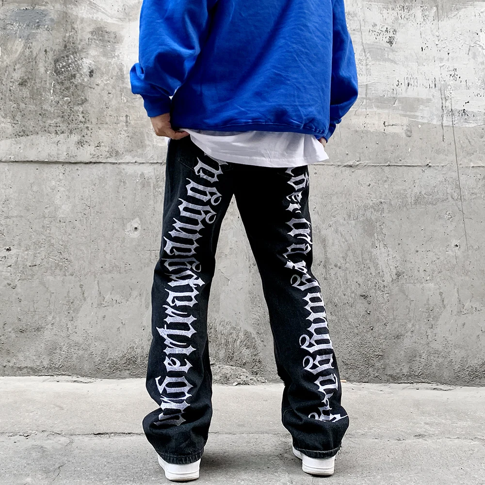 Ripped Jeans Hip Hop Streetwear 2022 Trends Clothes Letter Women's Flare Pants Men Goth Harajuku Print Baggy Men's Y2k Man