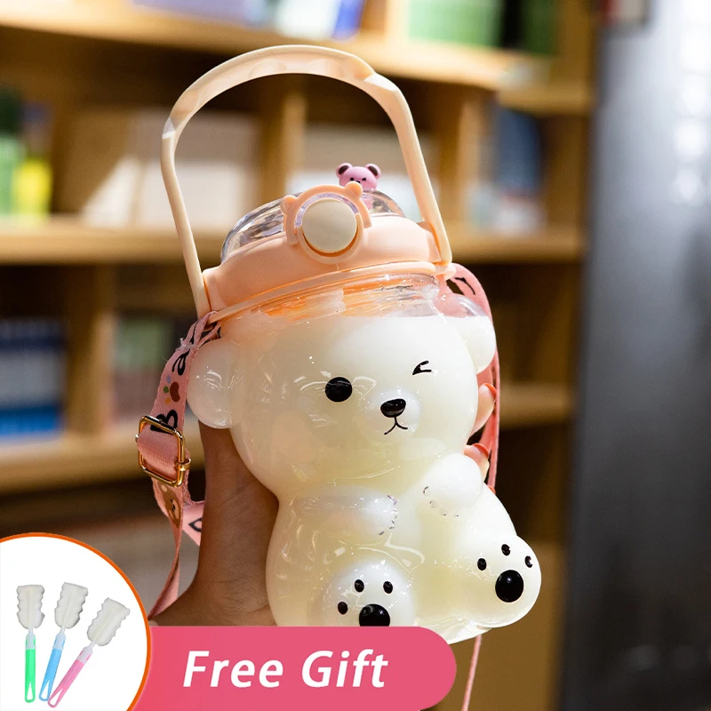 

Cute Water Bottle For Girl Portable Travel Plastic Mug Summer 1L Straw Tumbler Cartoon Bear Kawaii Cup Kid Sport Drinking Kettle