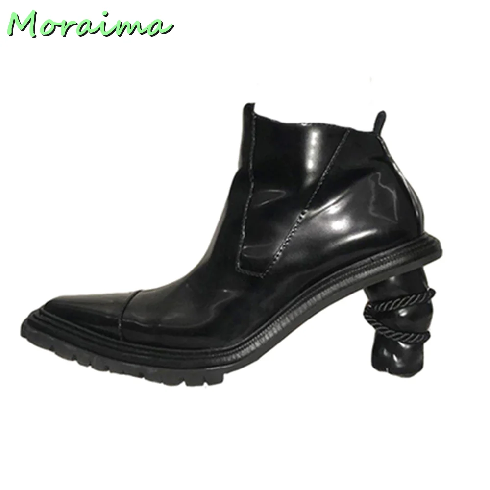 Pointed Toe Strange Heel Ankle Boots Side Zipper Black Solid Leather British Style Motorcycle Boots Women Shoes Fashion Casual