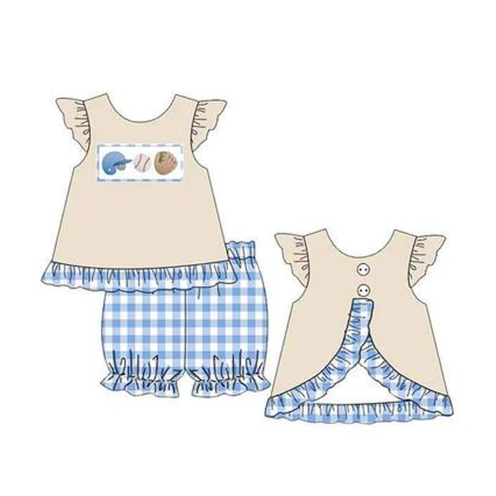 

2022 New Arrival Baby Girls Dress Outfits For Summer Cute Baseball Khaki Dress Blue Lattice Floral Casual Shorts For 1-8T Kids