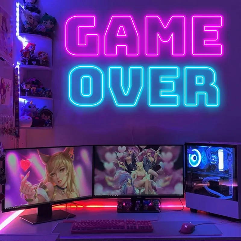 Game Over Room Decor Neon Sign LED Neon Light Wall Sign Bedroom Decor Hanging Night Lamp Home Party Holiday Decor Xmas Gift