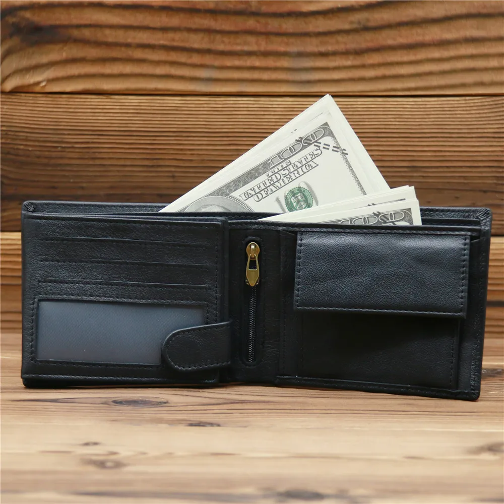 Classic Men's Genuine Leather Slim Wallet with Coin Pocket Vintage Male Credit Card ID Cards Holder Zipper Small Money Purse