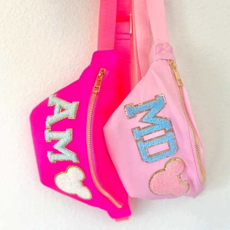 RTS 12 Colors Stock fanny pack customizable waist bag portable sports bag hot pink fanny pack with chenille letter patch