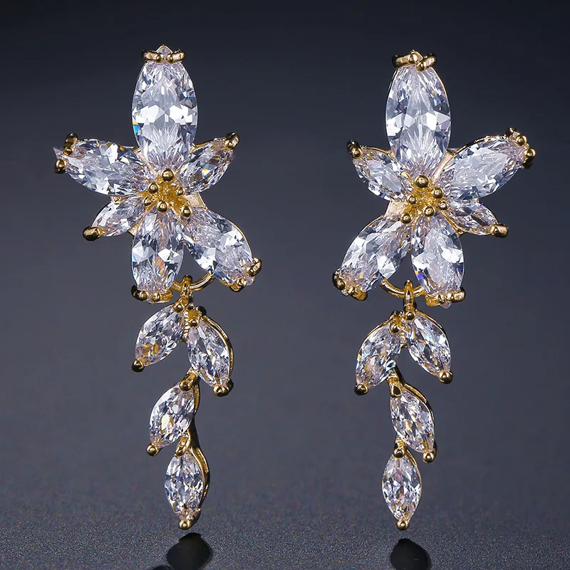 

Luxury Women Marquise Cut CZ Long Drop Fairytale Gorgeous Leaf Shape Flower Cubic Zirconia Jewelry Party Bridal Earrings Wedding