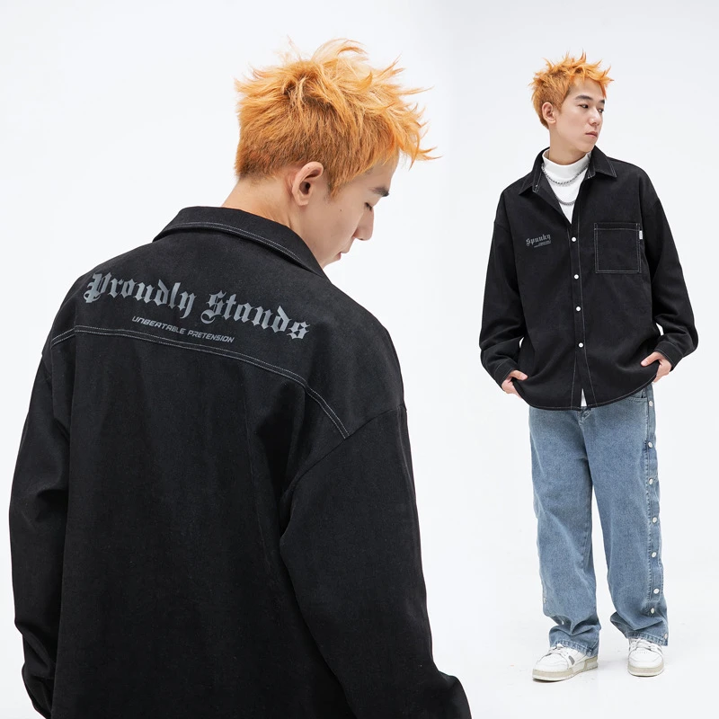 Japanese Harajuku Urban Streetwear Long Sleeve Button Up Oversized Top Stitch Brushed Men's Social Shirts