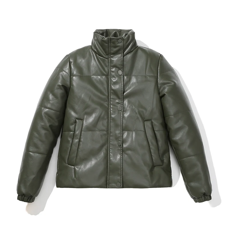 Solid Color Fashion Casual Thickened Cotton Jacket Stand Collar Button Faux Fur Autumn Winter Short Leather Jacket Women