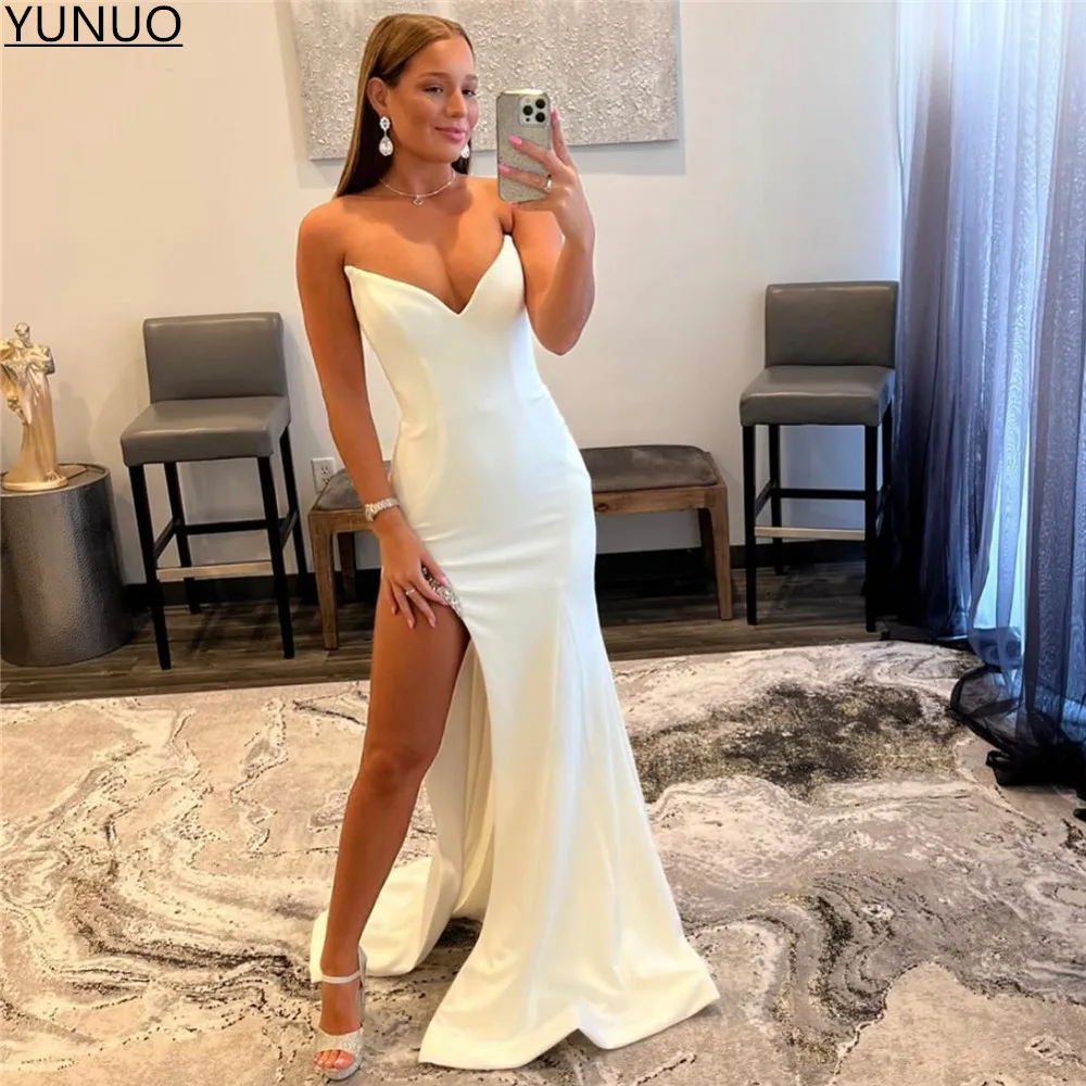

YUNUO vestidos de gala Ivory Sweetheart Satin Prom Evening Gowns With Side Slit Beading Formal Long Wedding Party Elegant Dress