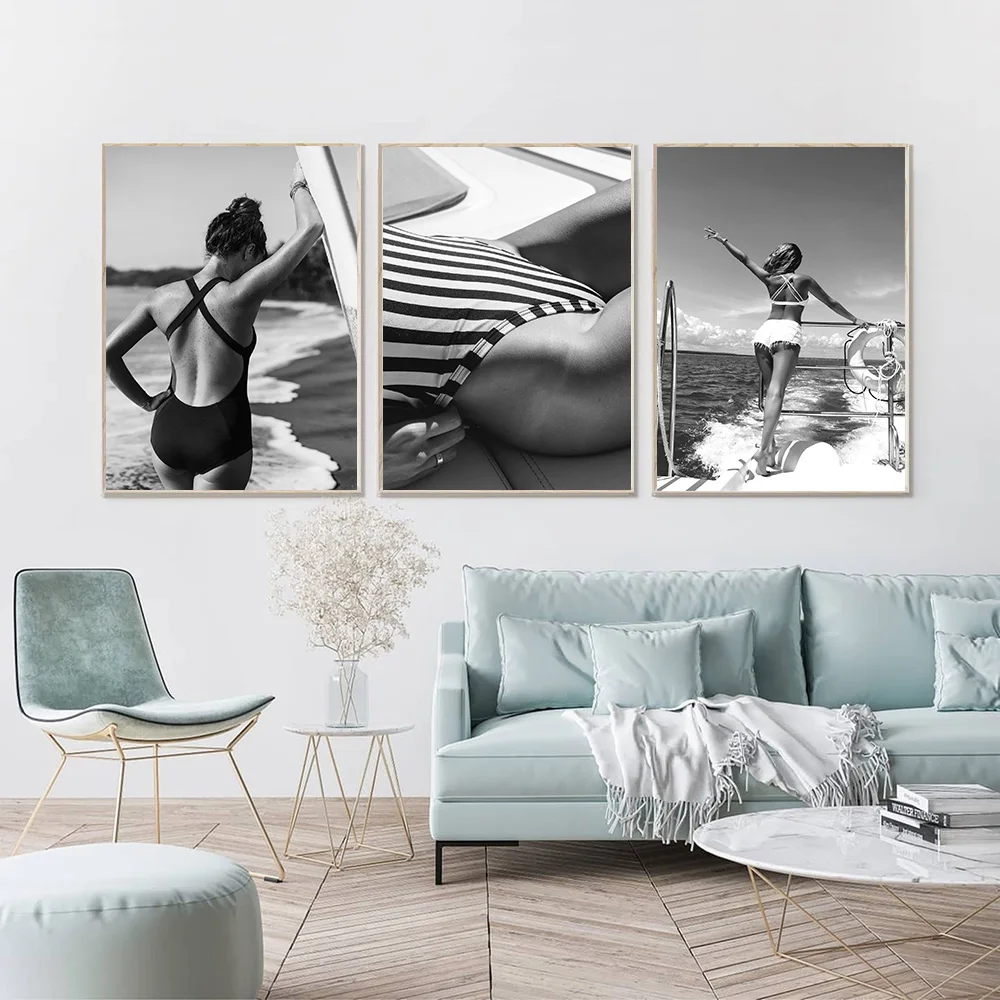 Black And White Vintage Posters Beach Surf Girl Wall Art Canvas Painting Retro Prints Nordic Pictures for Living Room Home Decor 2